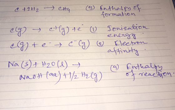 C + 2H2 eta (8) Enthalpy of formation etg etg) te v Jonization energy (g) + e- c (g) (2) Electron affinity Na (s) + H2O(l) →