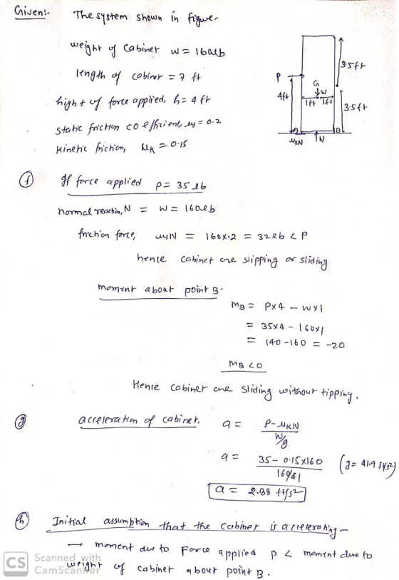 Given:- The system shown in figuer weight of cabinet w=1balb length of cabiner = 7 ft (3.5ft 46+ G fw Tff Tfil 3.5ft hight of