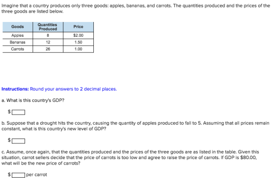 Imagine that a country produces only three goods: apples, bananas, and carrots. The quantities produced and the prices of the three goods are listed below. Quantities Produced Goods Apples Bananas Carrots Price $2.00 1.50 1.00 12 26 Instructions: Round your answers to 2 decimal places. a. What is this countrys GDP? b. Suppose that a drought hits the country, causing the quantity of apples produced to fall to 5. Assuming that all prices remain constant, what is this countrys new level of GDP? c. Assume, once again, that the quantities produced and the prices of the three goods are as listed in the table. Given this situation, carrot sellers decide that the price of carrots is too low and agree to raise the price of carrots. If GDP is $80.00, what will be the new price of carrots? $per carrot
