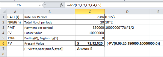 C6 fx --PV(C1,C2,C3,C4,C5) A 1 RATE(i) Rate Per Period 0.06 0.12/2 2 NPER(n) Total No.of periods 2010*2 3 PMT Payment per per