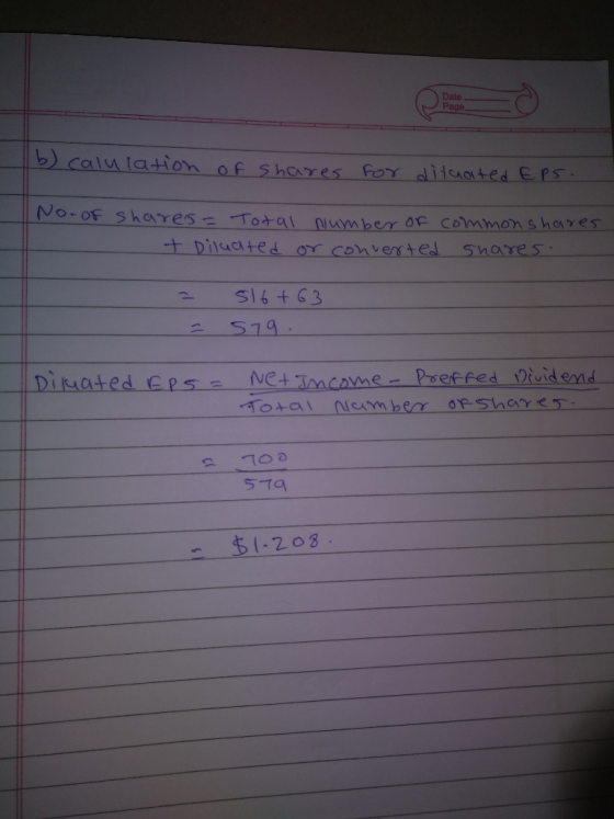 b) calulation of shares for dituated Eps. No. of shares= Total number of + Diluated or converted common shares snares. = 516+