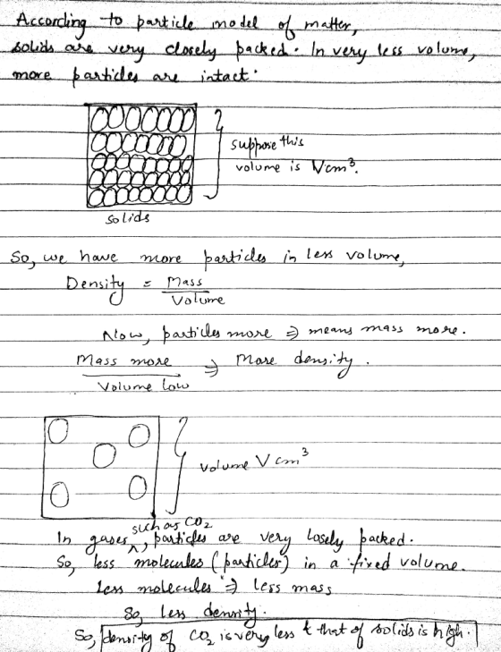 According to particle model of matter, solids are very closely packed. In very less_volumen more particles are intact 1000002