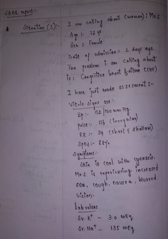 SBAR YOPOTE calltng about Cwouan): Mr.s A ge Ser :Female Stuetion (S) 1 am daye ago. 2 aduission Date of The roblem Cangertrv
