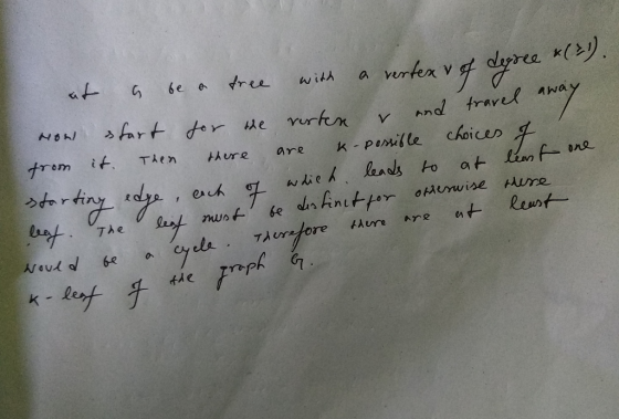 NO at a be a free with a vertex of degree (2) How start for the verter & and travel and from it. Then there are k-possible ch