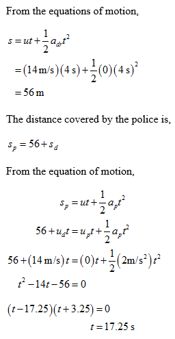 From the equations of motion, -(14m/s) (4s)+(0) (4s) - 56 m The distance covered by the police is S-56+sd From the equation o