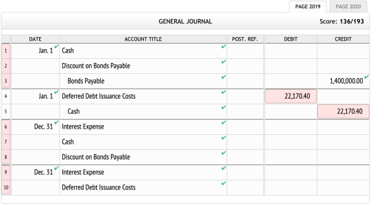 PAGE 2019 PAGE 2020 GENERAL JOURNAL Score: 136/193 DATE ACCOUNT TITLE POST. REF. DEBIT CREDIT Jan. 1° Cash Discount on Bonds