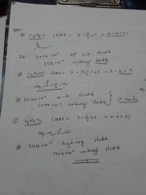 OCH HE CORE = 4 + 2 = 5-4 = 1! IR = 2964 cmt sp3 C-H stretch 1718 cm carbonyl stretch & cz Hy No (OBE = 3 - (2-1) + 1 = 4-3=