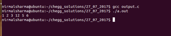 nirmalsharmaubuntu:-/HomeworkLib solutions/27_07_2017$ gcc output.c nirmalsharma@ubuntu:-/HomeworkLib solutions/27_07_20175 -/a.out 1 2 3