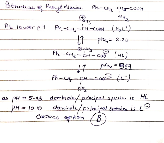 Structure of Phenyl Alanina Ph-CH2-C4g Coon 3 - Hz - CH - C At lower pH Ph-CH₂-CH-coon (H₂L+) pkeq=2-20 Ph-CH₂ ch - cool (HL)