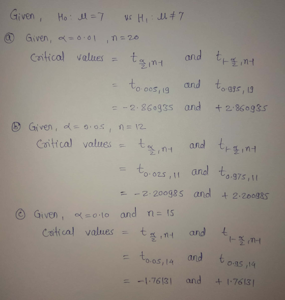 Given , Ho ll=7 us Hi: M 77 @ Given, a=0.01 in=20 Critical values = tant and traint = to.005,19 and to gas, 19 = -2.860955 an
