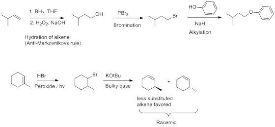 1. BH3, THE он но- 2. H2O3, NaOH Mon To YBr – Bromination NaH Alkylation Hydration of alkene (Anti-Markovnikovs rule) less su