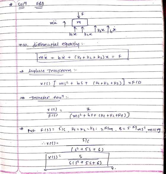 soin FD JE mie A I kaze The Их Kare pse differcutial equation : më i bie + (kt k zrkg) x = F lephule Treystorm : xes) I ms2+b