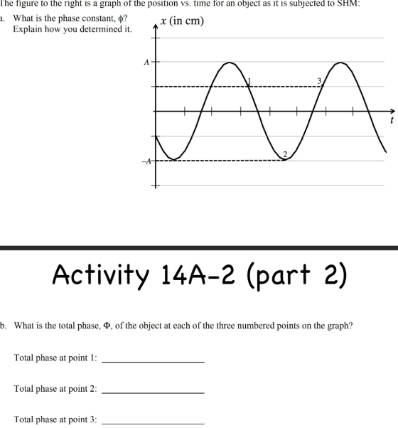 T he figure to the right is a graph of the position vs. time for an object as it is subjected to SHM: What is the phase constant, φ? Explain how you determined it , X (in cm) · 2 Activity 14A-2 (part 2) b. What is the total phase, Ф, of the object at each of the three numbered points on the graph? Total phase at point : Total phase at point 2: Total phase at point 3