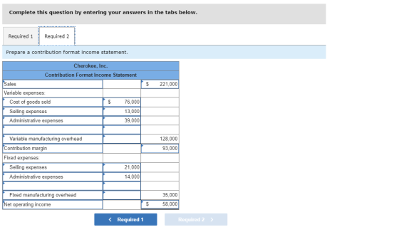 Complete this question by entering your answers in the tabs below. Required 1 Required 2 Prepare a contribution format income