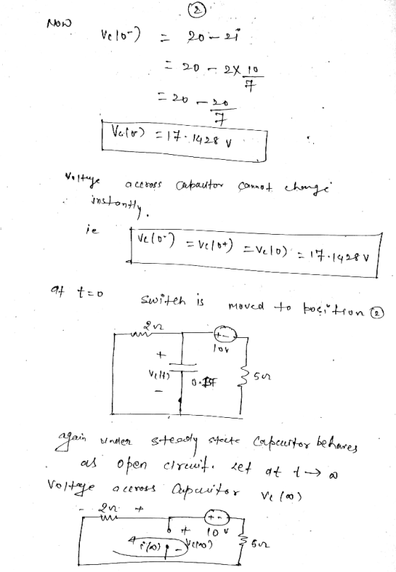 Non Velo) 20i ei 32-0 2X10 7 -20 7 Vafo =171428 V all of S Cabautor Cannot change instantly ve lon) = vel0+) Evelo) : 17.1428