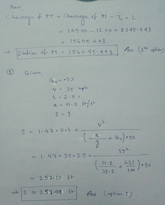 Now Chas of PT of Pl - Tu + L Chainage of hainage of 1 4500 - 1200+ 23 45. 443 156 45.4 43. N of PT = 156+ 45.44 3 Ars (2nd o