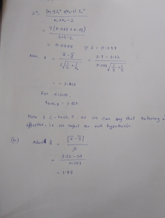(n-1) S +n₂-1) S. 2 n+n₂-2 4(0.065+0.112) 5+5-2 = 0.0885 5 0.297 Now, 4 2.7 -3.22 F stata 0.297 - - 2.768 For 220.05 to.os, 8