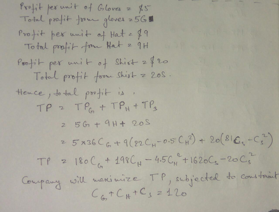 Profit per unit of Gloves & 85 Total profit from gloves 25 G Profit per unit of Hat 289 Total profit from Hat 2 9H Profit per