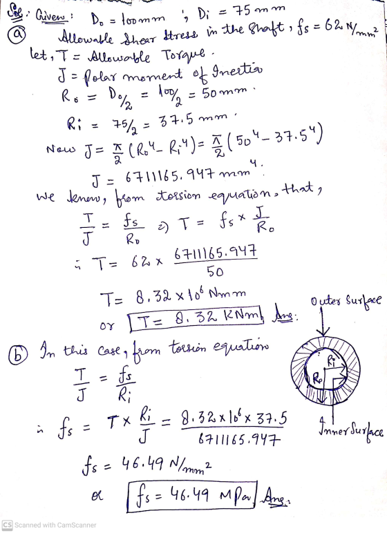 Ed Given Allowable Shear stress in the shaft, fs = 62 N/mm² J = Polar moment of Inertia 75 mm Do = toomm Di let, T = Allowabl