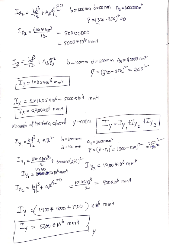 Ixq = belta 12 b= Goomin d-loomm Ag =60000rom 7 = 350-350)=6 Ixg - 600 + 1002 = 50000000 = 5000*104 mmy 2 Iz = bd +As Ye bzl