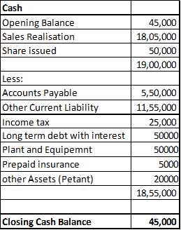 Cash Opening Balance Sales Realisation Share issued 45,000 18,05,000 50,000 19,00,000 Less: Accounts Payable Other Current Li