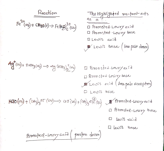 Reaction The Highlighted recetarilacets as a la Festax) + CHzole)-> Fe(Hisp) cany O Bronsted-Lowry ccid o Borosted Lowry tase