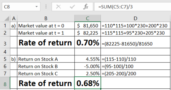 08 - 1 x V fc =SUM(C5:07)/3 ABC 1 a) Market value at t = 0 $ 81,650 =110*115+100*230+200*230 2 Market value at t = 1 $ 82,225