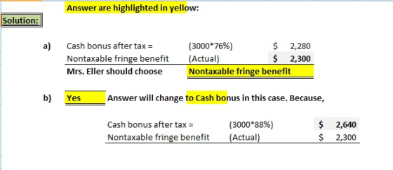 Answer are highlighted in yellow: Solution: a) Cash bonus after tax = Nontaxable fringe benefit Mrs. Eller should choose (300