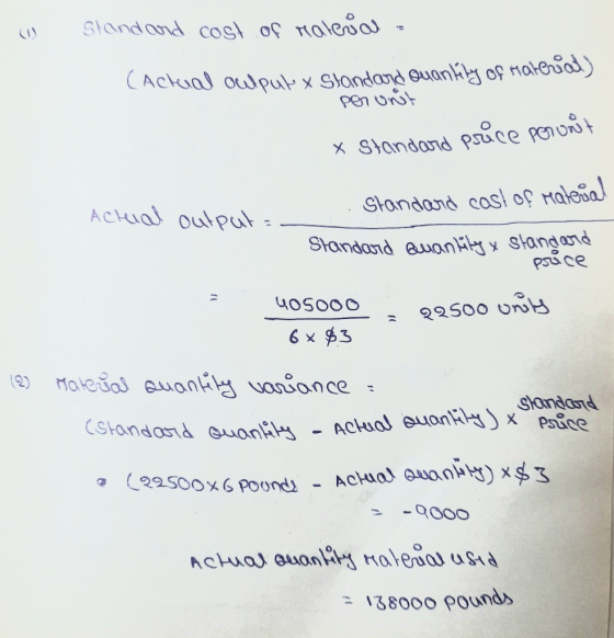 Standard cost of raterial: (Actual oulput x Standard Quantity of material) per unit x Standard price Poront (2) Actual out