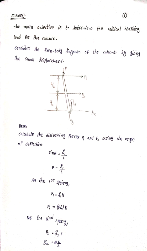 ANSWER The main objective is to determine the critical buckling load for the column. Consider the free-body diagram of the co