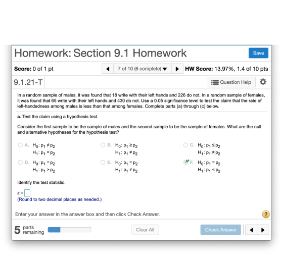 Homework: Section 9.1 Homework Save Score: 0 of 1 pt 7 of 10 (6 complete) HW Score: 13.97%, 1.4 of 10 pts 9.1.21-T :5 Questio