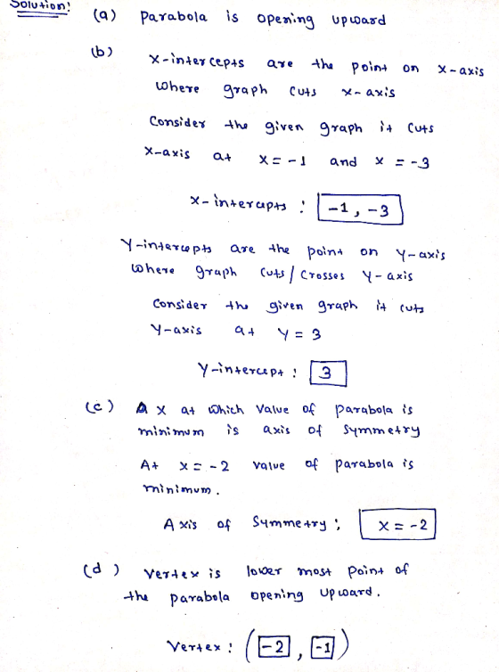 Solution (a) parabola is opening upward (b) x-intercepts are the point on x-axis Where graph cuts x-axis Consider the given g