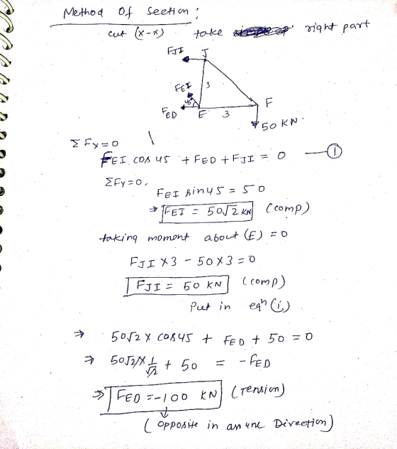 Method of section, cut (x-x) .. take i t right part FEI 3 . 50 KN .: Efy=o FEI.COM 45 + FED + FJI = 0 - 0 Efy=0 .. FEI sinu5