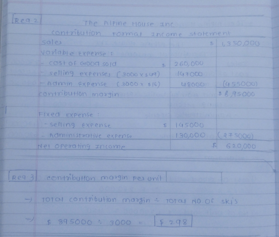 Rea2 The Alpine House Inc contnbution Format Income statement sales $ 1,350,000 variable expense : cost of Good sold 260,000