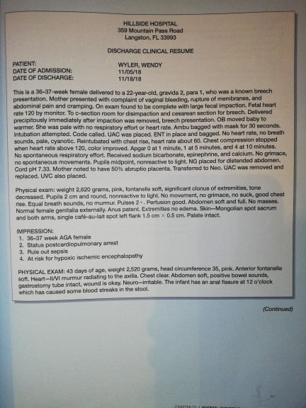 HILLSIDE HOSPITAL 359 Mountain Pass Road Langston, FL 33993 DISCHARGE CLINICAL RESUME PATIENT DATE OF ADMISSION: DATE OF DISCHARGE: WYLER, WENDY 11/05/18 11/18/18 This is a 36-37-week temale delivered to a 22-year-old, gravida 2, para 1, who was a known breech presentation. Mother presented with complaint of vaginal bleeding, rupture of membranes, and abdominal pain and cramping. On exam found to be complete with large fecal impaction. Fetal heart rate 120 by monitor. To c-section room for disimpaction and cesarean section for breech. Delivered precipitously immediately after impaction was removed, breech presentation. OB moved baby to warmer. She was pale with no respiratory effort or heart rate. Ambu bagged with mask for 30 seconds. Intubation attempted. Code called. UAC was placed. ENT in place and bagged. No heart rate, no breath sounds, pale, cyanotic. Reintubated with chest rise, heart rate about 60. Chest compression stopped when heart rate above 120, color improved. Apgar 0 at 1 minute, 1 at 5 minutes, and 4 at 10 minutes. No spontaneous respiratory effort. Received sodium bicarbonate, epinephrine, and calcium. No grimace, no spontaneous movements. Pupils midpoint, nonreactive to light. NG placed for distended abdomen. Cord pH 7.33. Mother noted to have 50% abrupto placenta. Transferred to Neo. UAC was removed and replaced. UVC also placed. Physical exam: weight 2,620 grams, pink, fontanelle soft, significant clonus of axtremities, tone decreased. Pupils 2 cm and round, nonreactive to light. No movement, no grimace, no suck, good chest rise. Equal breath sounds, no murmur. Pulses 2+. Partusion good. Abdomen soft and full. No masses. Normal fomale genitalia externally. Anus patent. Extremities no edama. Skin-Mongolian spot sacrum and both ams, single café-au-lait spot left flank 1.5 am x 0.5 cm. Palate intact. IMPRESSION: 1. 38-37 week AGA female onary arrest 3. Rule out sepsis 4. At risk for hypoxic ischemic encephalopathy PHYSICAL EXAM: 43 days of age, weight 2,520 grams, head circumference 35, pink. Anterior son soft. Heart-IIWI mu anelle mur radiating to the axilla. Chest clear. Abdomen soft, positive bowel sounds, omy tube intact, wound is okay. Neuro-irritable. The infant has an anal fissure at 12 oclock which has caused some blood streaks in the stool Continued