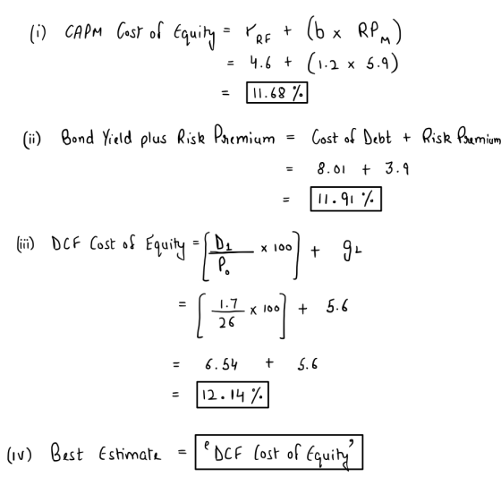 (1) CAPM Cost of Equity = VRF + (6 x RPM) = 4.6 + (1.2 x 5.9) - 11.68 % (11) Bond Yield plus Risk Premium = Cost of Debt + Ri