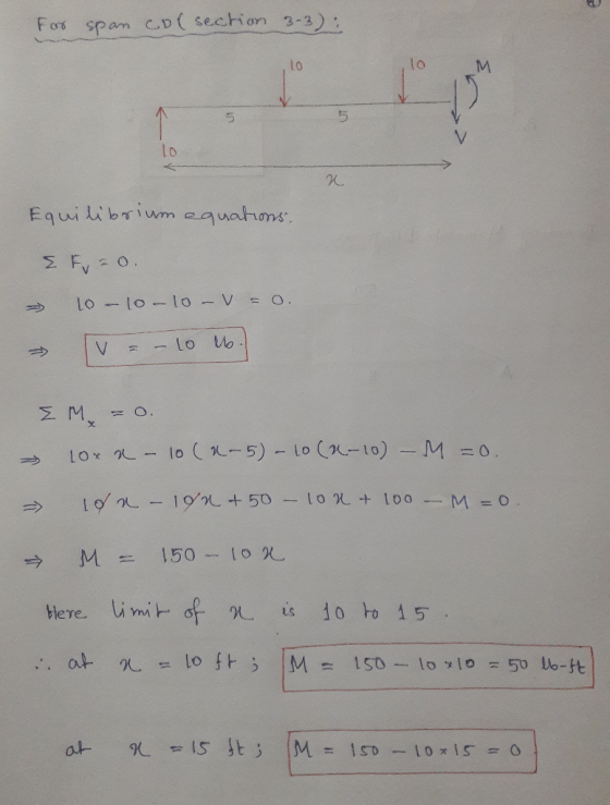 Fos span cD( sechion 3-3) 1T lo Equilibrium aquahms Lo 1o- lo - V = 0. - lo V Σ My NO lo -5) Lo (-10)-M =0. Lo n-1n +50-lo +