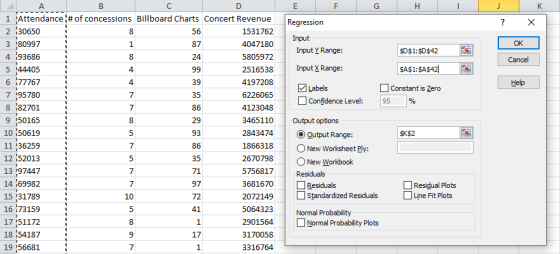 E F G H J K ? x Regression Input Input Y Range: OK $D$1:$D$42 Cancel Input X Range: $A$1:$A$421 Help Labels Confidence Level: