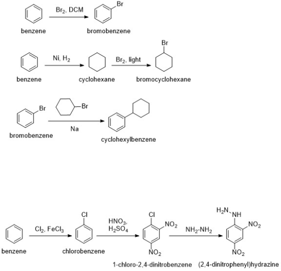 benzene bromobenzene Ni, H2 Brz, light benzene cyclohexane bromocyclohexane bromobenzene cyclohexylbenzene H2N-NH benzene chl