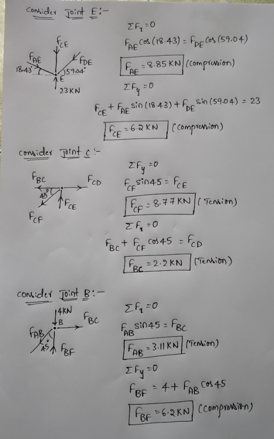 159.04 23 KN consider Joint E- Fy=0 FAE COS (18.43) = PDF Cos (59.04) FAL I DE 18:43 For = 8-85KN) compression) 123 KN Ify =