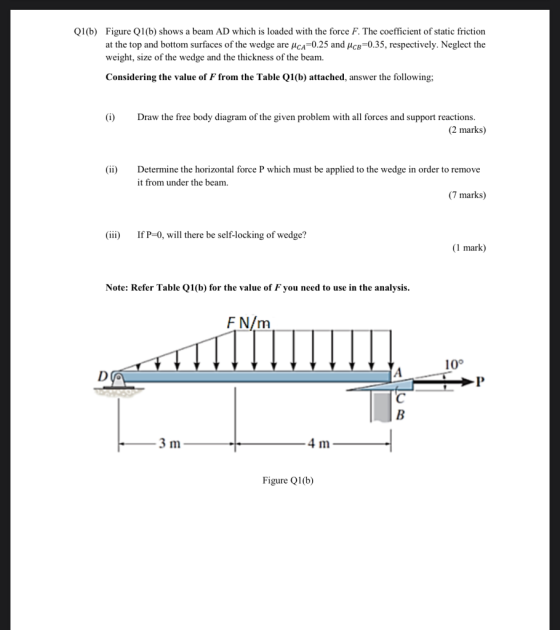 Q1(b) Figure Q1(b) shows a beam AD which is loaded with the force F. The coefficient of static friction at the top and bottom