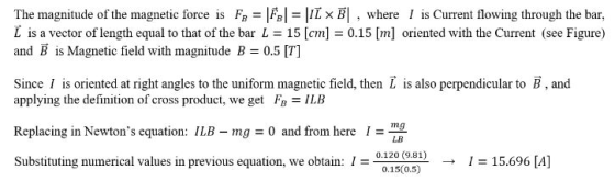 The magnitude of the magnetic force is FB- F,I =匠ㄨ , where I is Current flowing through the bar, L is a vector of length equa