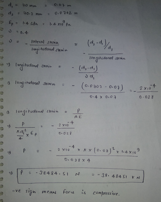 d, 70 mm 0.0702 m d2 70.2 mm 1.4 x10 Pa Ep = 14 GPa -0.4 (4, -d/4, lateral swoin C. %3D longi tudanal shain Tongitudanal srai