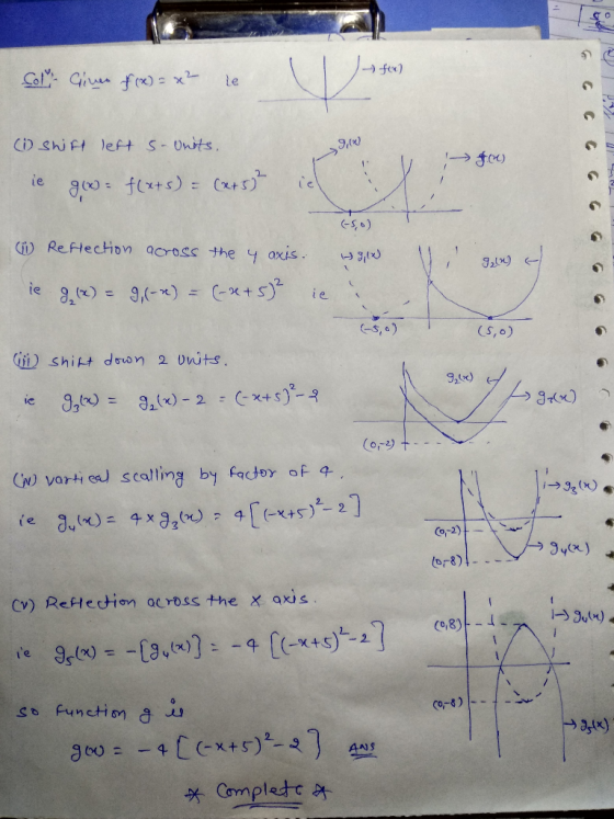 feel Sol- Cine f (x) = x² se u > 9,100 (1 shift left s-Units. ie gox) = f(xts) = (x+5² -> 00 in W Reflection across the yaxis