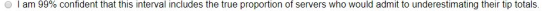 I am 99% confident that this interval includes the true proportion of servers who would admit to underestimating their tip to