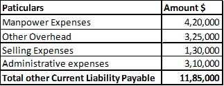 Paticulars Manpower Expenses Other Overhead Selling Expenses Administrative expenses Total other Current Liability Payable Am