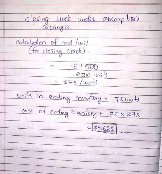 closing stock cö sting is. under absorption calculation of cost (unit (for closing stock) BES = 187 500 2500 units ao odore $