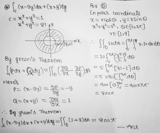 K ਕਰਨ ਲਈ SO (6-9y) dx +(x+y)dy for 6 In polar coordinate c= x² + y²=1 x=rcosce ,y=rsino x²+y²=8184 x²+4²_re, OE[0, 2x re[1,9