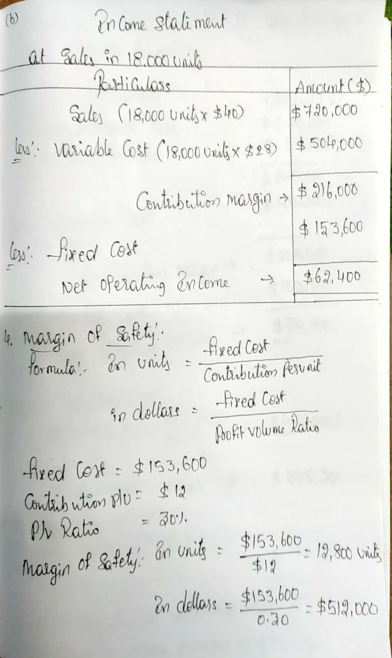 at in Come statiment sales in 18.000 units - Rasti aulass Sales (18,000 units x $40 variable Cost (18,000 units X $28) Amount