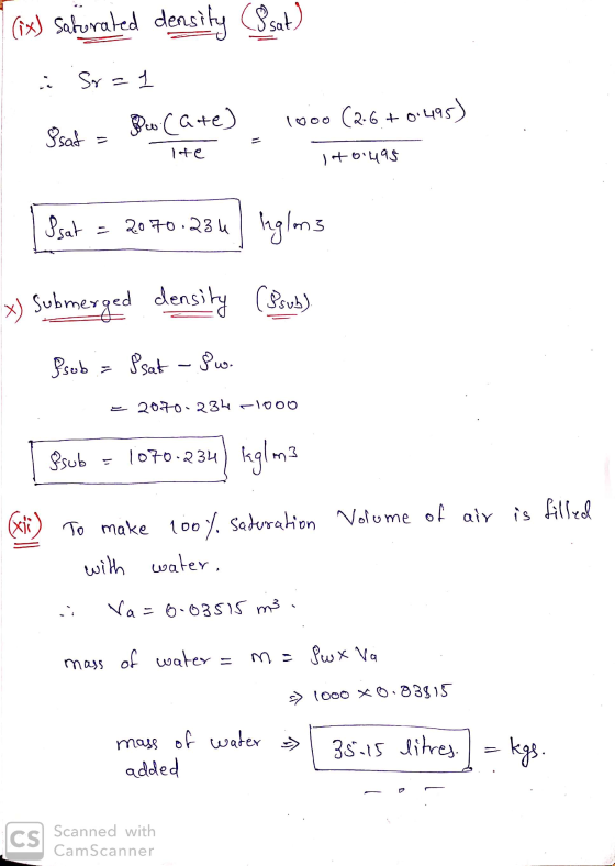(ix) Saturaled density (Sesat) Ta Sr=1 1 Ssat = Pew Cate) 1000 (2.6 + 0.495) ite Ito.495 I sat = 2070.234 x) Submerged densit